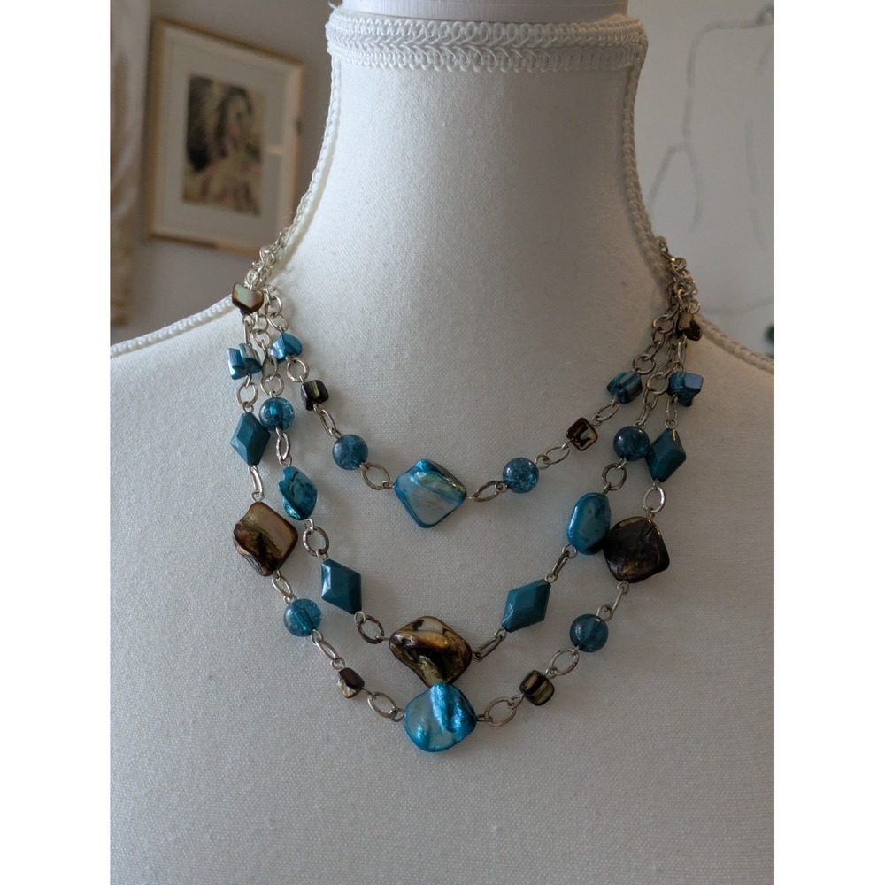 Multi Strand Beaded Necklace Silver Tone Teal Blue Brown Eclectic Layered Boho